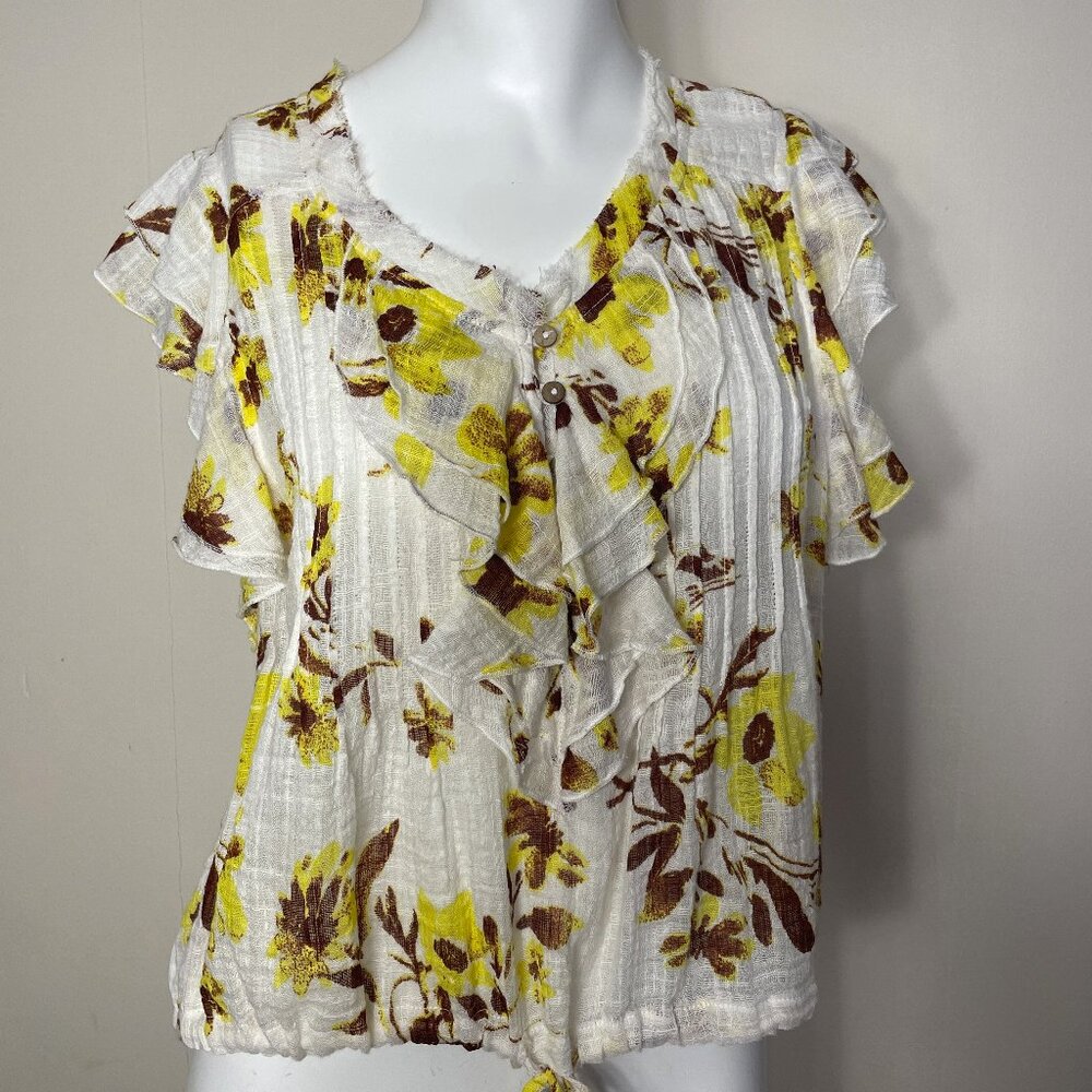 Free People FP One Naya Gauze Top Small Cropped Ruffle Flutter Sleeve Sheer Art
